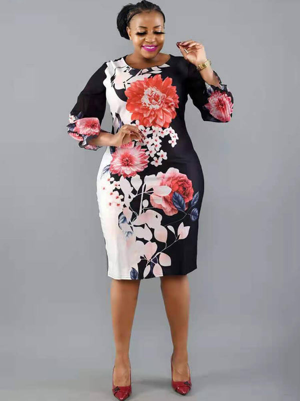 Mesh Sleeve Floral Print Bodycon Midi Dresses