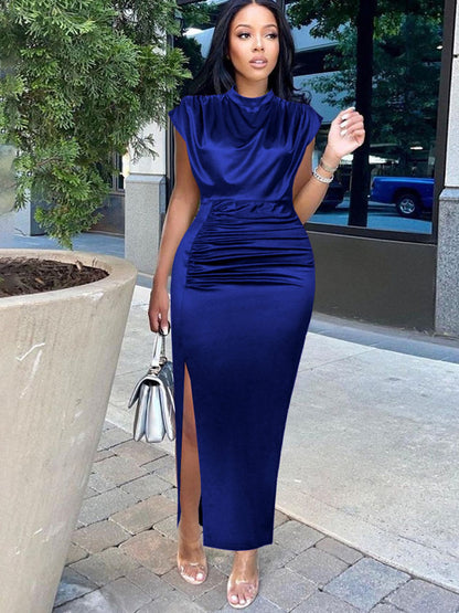 Vestidos largos con abertura lateral fruncida sin mangas de talla grande