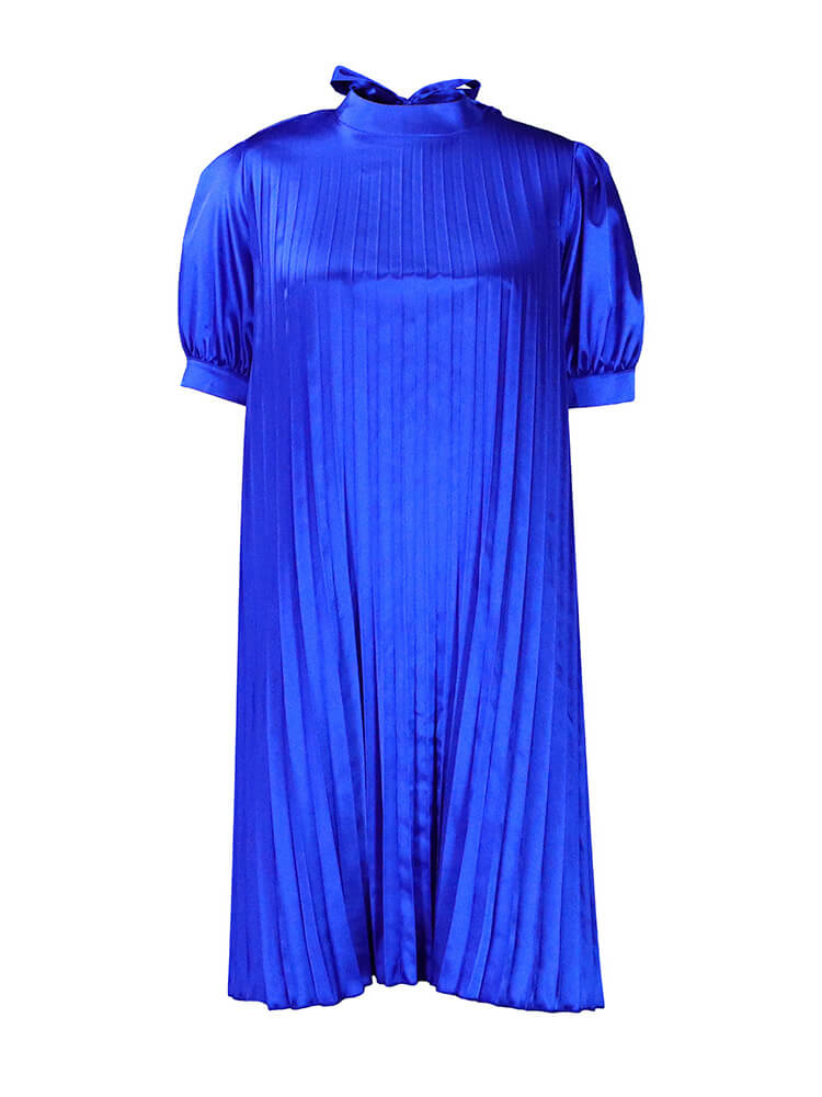 Short Sleeve Mock Neck Pleated Mini Dress