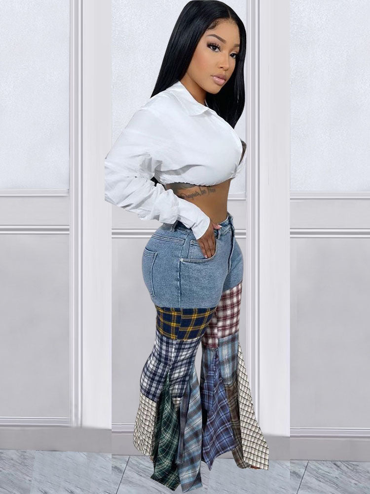 Vaqueros de mezclilla con estampado de cuadros