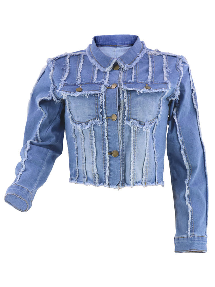 Denim Long Sleeves Button Ripped Jacket