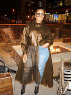 PU Mesh Patchwork Long Sleeve V Neck Top