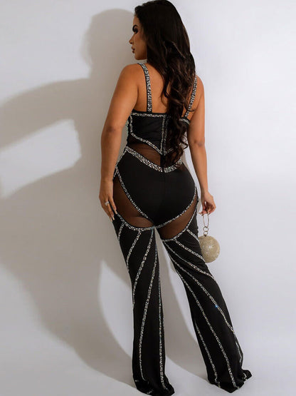 Rhinestone Spaghetti Strap Mesh Patchwork Jumpsuit