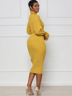 High Neck Long Sleeve Solid Midi Dreses
