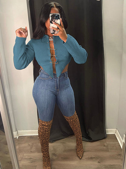 Long Sleeve Knit Pin Chain Crop Top