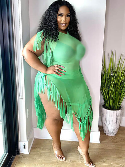 Minivestido irregular con borlas sin mangas de malla