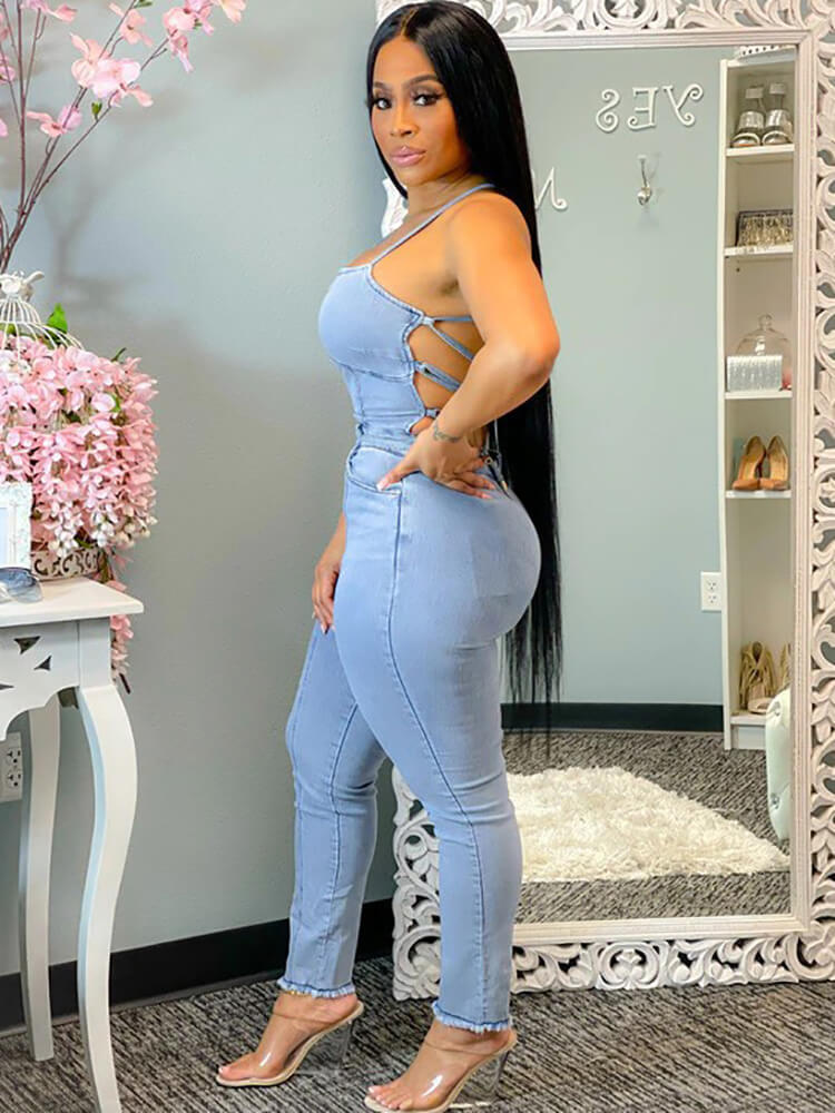 Denim Halter Neck Backless Bodycon Jumpsuit