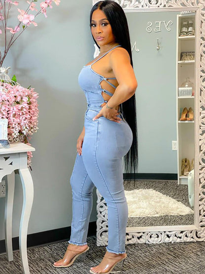 Denim Halter Neck Backless Bodycon Jumpsuit