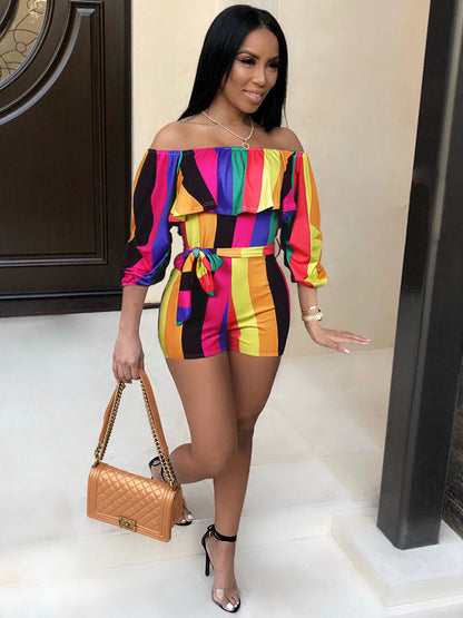 Off Shoulder Floral Print Belted Romper