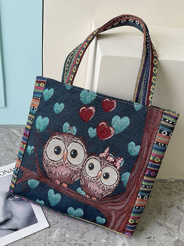 Embroidered Owl Floral Print Shoulder Bag