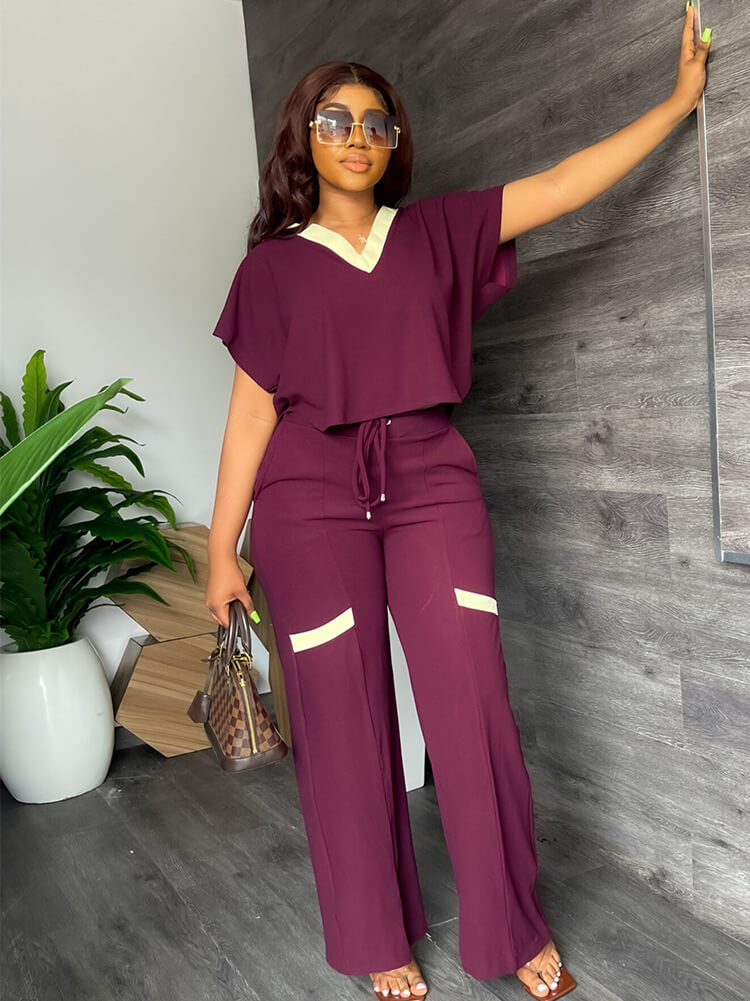 Two Piece Short Sleeve Top Drawstring Pants