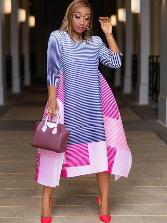 Half Sleeves Striped Asymmetrical Midi Dress