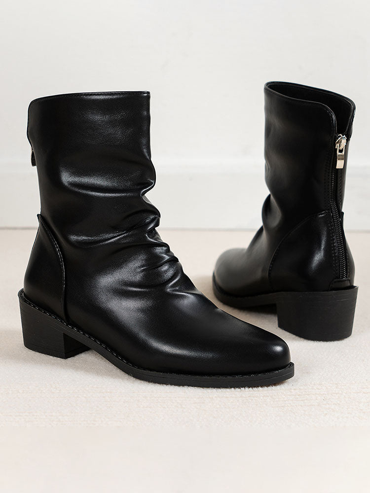 PU Leather Solid Color Ruched Anklet Boots
