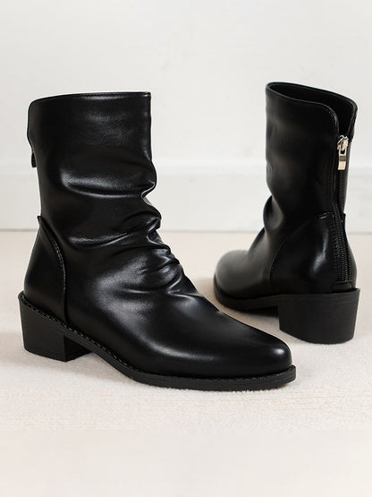 PU Leather Solid Color Ruched Anklet Boots