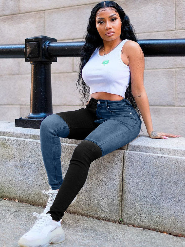 Vaqueros de denim con cintura alta y patchwork con bloques de color