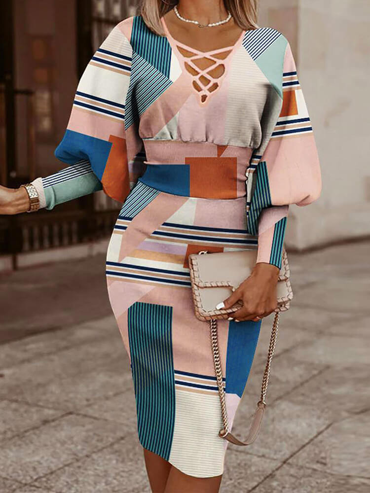 Long Lantern Sleeve Printed Midi Dress