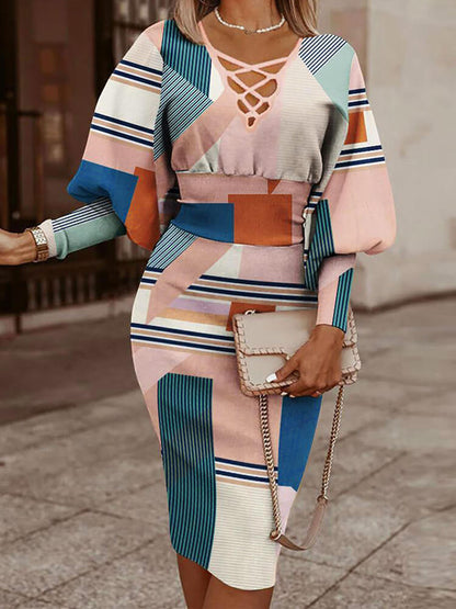 Long Lantern Sleeve Printed Midi Dress