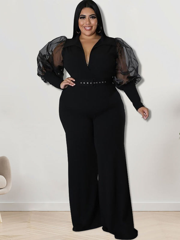 Plus Size Mesh Puff Sleeve Jumpsuits