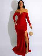 Long Sleeve Off Shoulder Ruched Maxi Dress