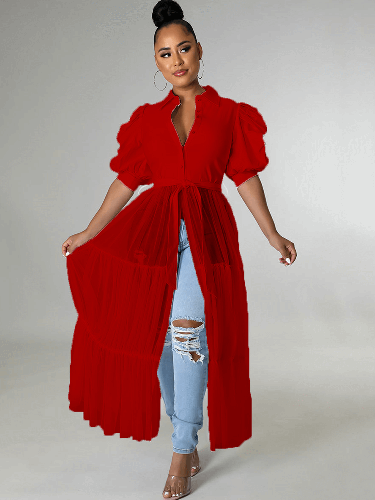 Tops con cuello en V y manga corta con patchwork de malla