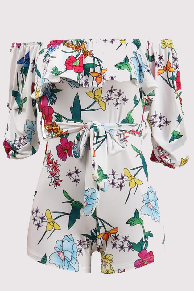 Monos cortos con hombros descubiertos y arco iris floral