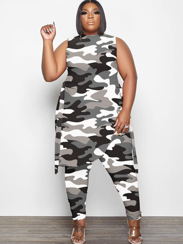Two Piece Sleeveless Camouflage Print Pants Suit