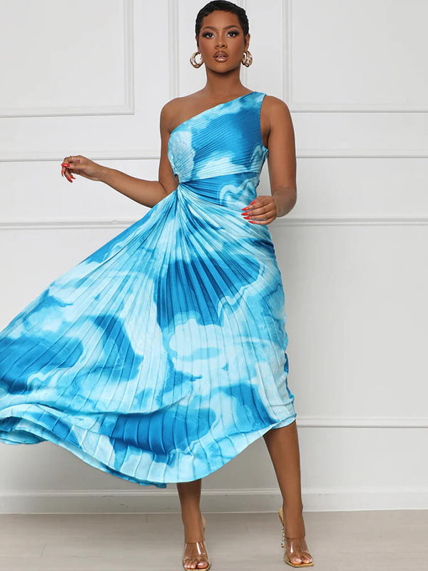 One Shouler Tie Dye Ruched Midi Dresses