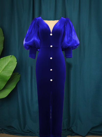 Lantern Sleeve Mesh Patchwork Split Midi Dress