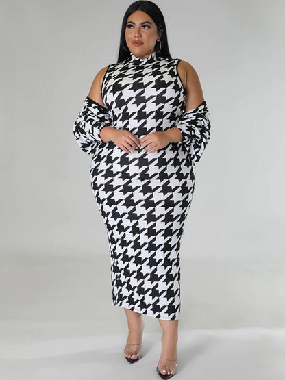 Two Piece Houndstooth Cardigan & Cut Out Midi Dress