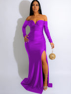 Long Sleeve Off Shoulder Ruched Maxi Dress