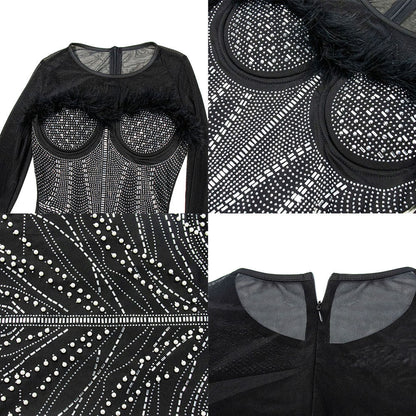 Rhinestone Mesh Patchwork Feather Mini Dress