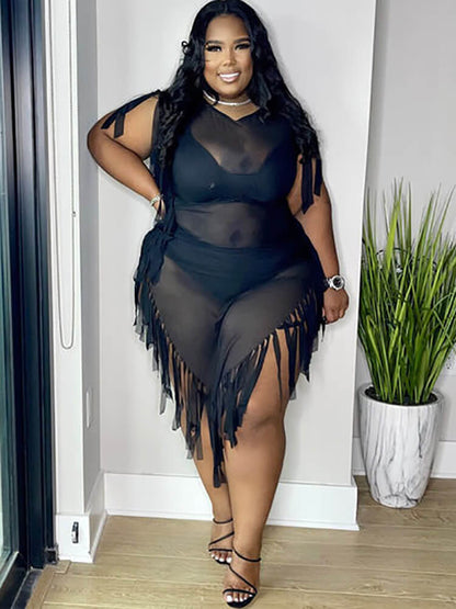 Minivestido irregular con borlas sin mangas de malla