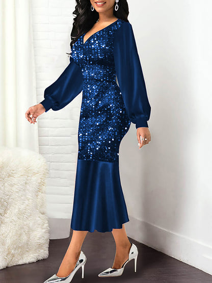 Lantern Sleeve Sequin Patchwork Midi Dress