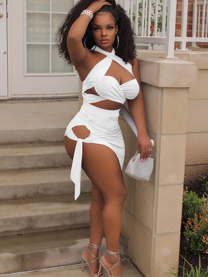 Two Piece Crisscross Crop Top Mini Skirts