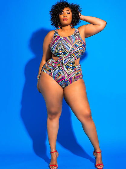 Traje de baño de una pieza con estampado geométrico ahuecado