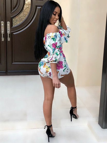 Off Shoulder Floral Print Belted Romper