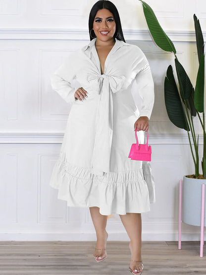 Vestidos midi lisos con cordones y manga larga