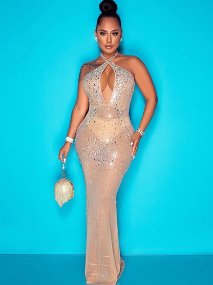 Vestidos largos ajustados sin espalda con malla de diamantes de imitación