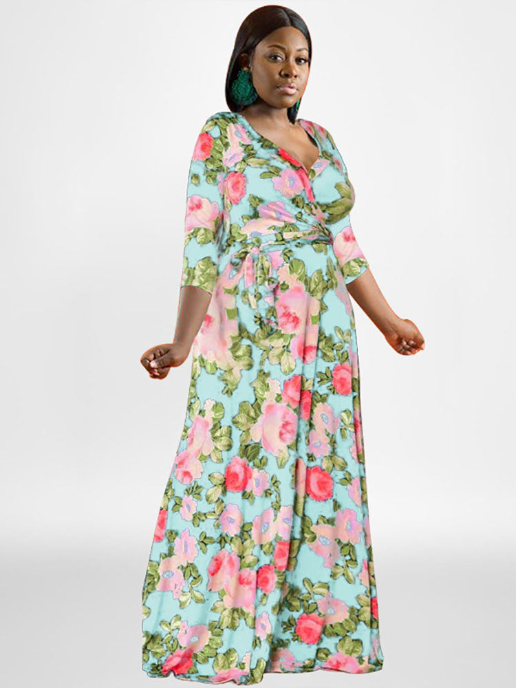 Plus Size Long Sleeves Floral Print Maxi Dress