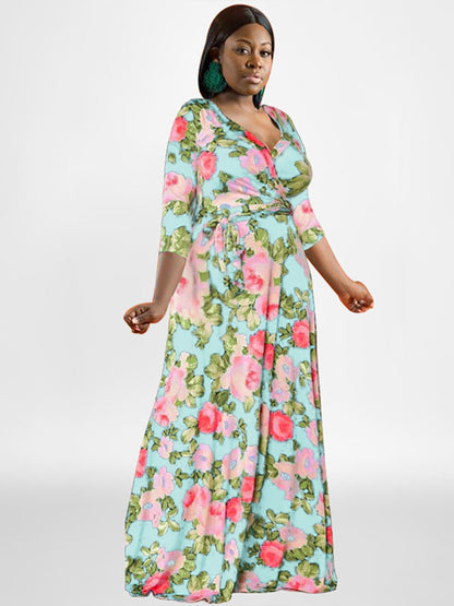 Plus Size Long Sleeves Floral Print Maxi Dress