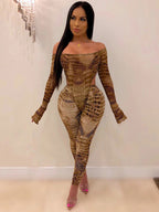 Two Pieces Printed Off Shoulder Jumpsuit Bodycon Pants