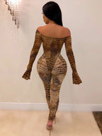 Two Pieces Printed Off Shoulder Jumpsuit Bodycon Pants