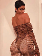 Two Pieces Printed Off Shoulder Jumpsuit Bodycon Pants