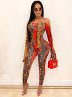 Two Pieces Printed Off Shoulder Jumpsuit Bodycon Pants