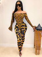 Two Pieces Printed Off Shoulder Jumpsuit Bodycon Pants