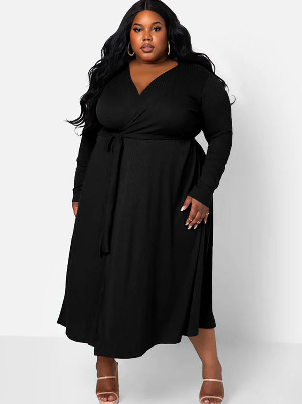 Plus Size Long Sleeves Knit Belted Loose Midi Dresses