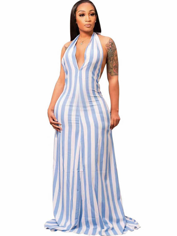 Striped Halter Neck Backless Maxi Dresses
