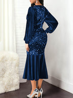 Vestidos midi con patchwork de lentejuelas y manga farol