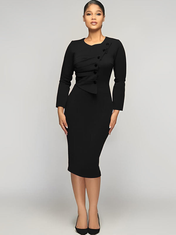 Long Sleeve Button Ruched Midi Dresses