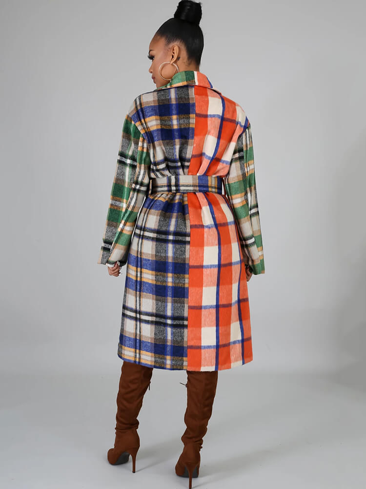 Woolen Long Sleeve Plaid Print Bodycon Coat